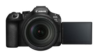 A press shot from Canon of the EOS R6 Mark III on white looking front on to us with the vari-angle LCD screen flipped out