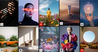 A grid of ten various AI-generated images, including portraits, a landscape with a man in a yellow suit, a product shot, a hand holding a glowing orb, an orange car in a garden, a chair in a room, a goldfish in a bowl, a person wearing a coat of colorful flowers, and a scenic view through a circular window.