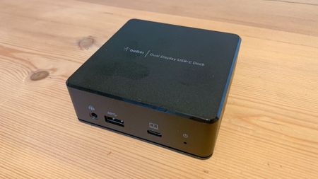 Belkin USB-C Dual Display Docking Station on a wooden surface